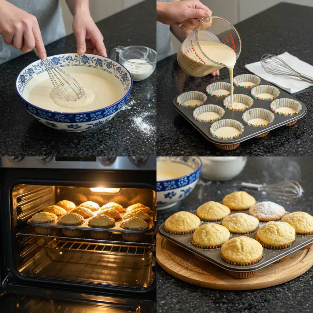 Hands pouring fluffy pancake muffin batter into a greased muffin tin, preparing them for baking.