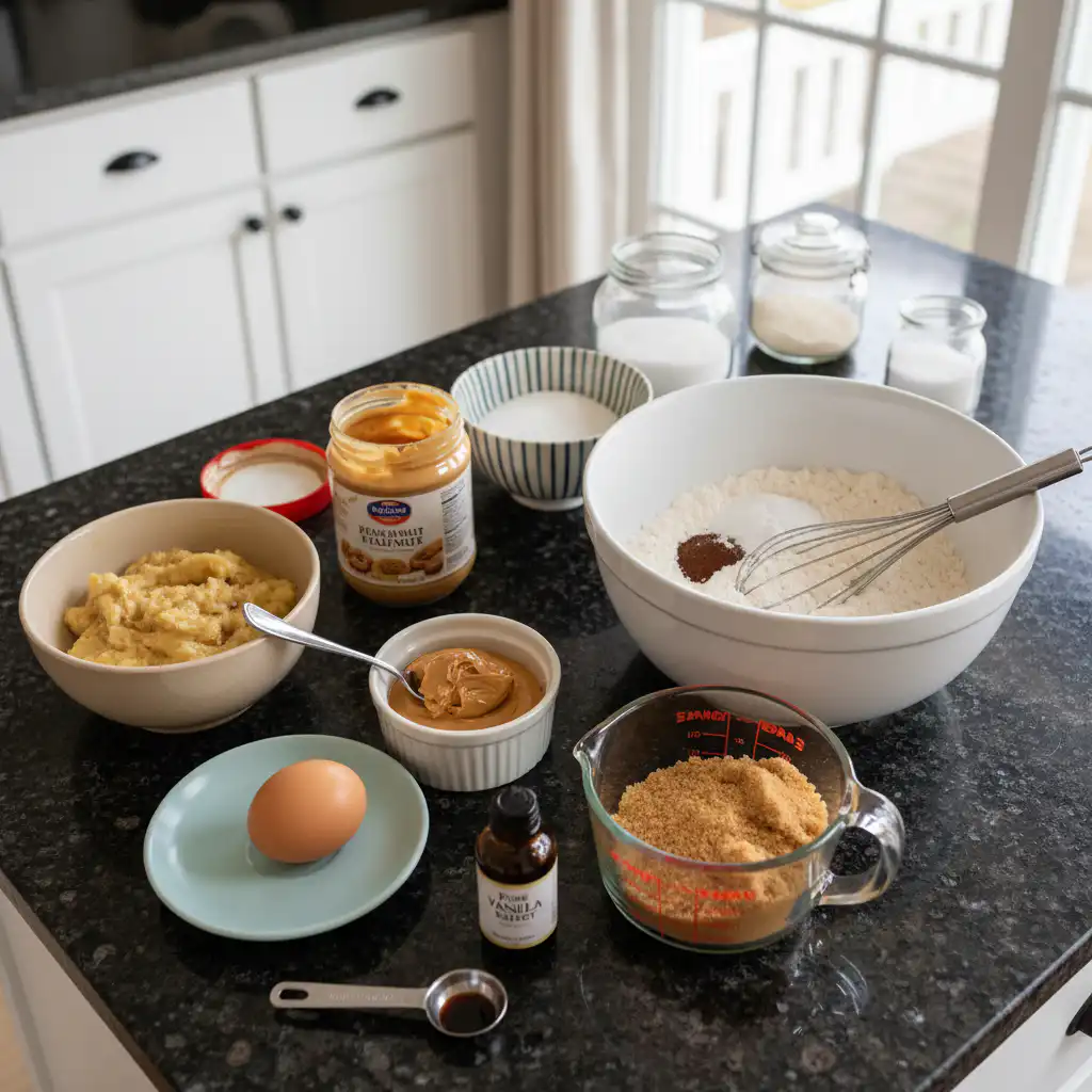 peanut-butter-banana-bread-ingredients A flat lay of fresh bananas, a jar of creamy peanut butter, flour, sugar, eggs, and other essential ingredients for peanut butter banana bread.