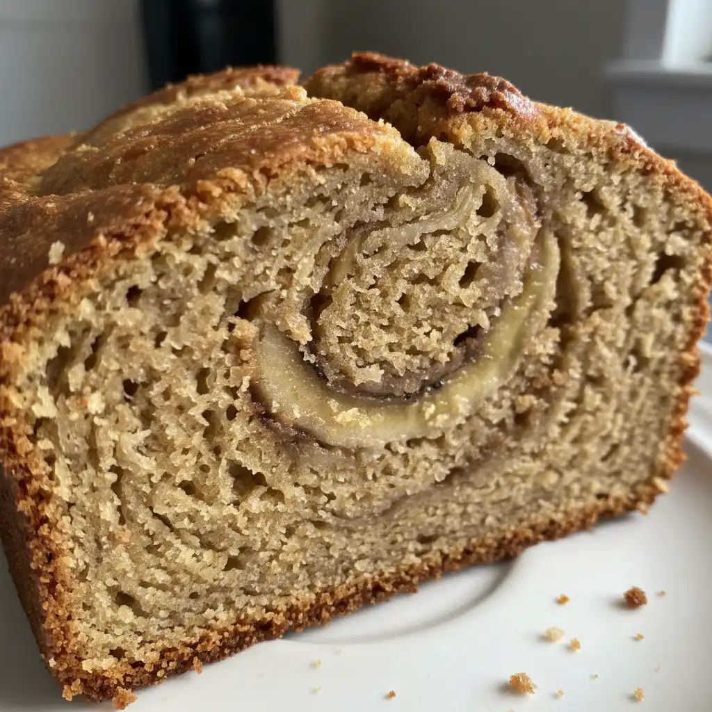 Easy Peanut Butter Banana Bread with Swirl 2 A golden-brown slice of warm peanut butter banana bread topped with melty peanut butter and fresh banana slices.