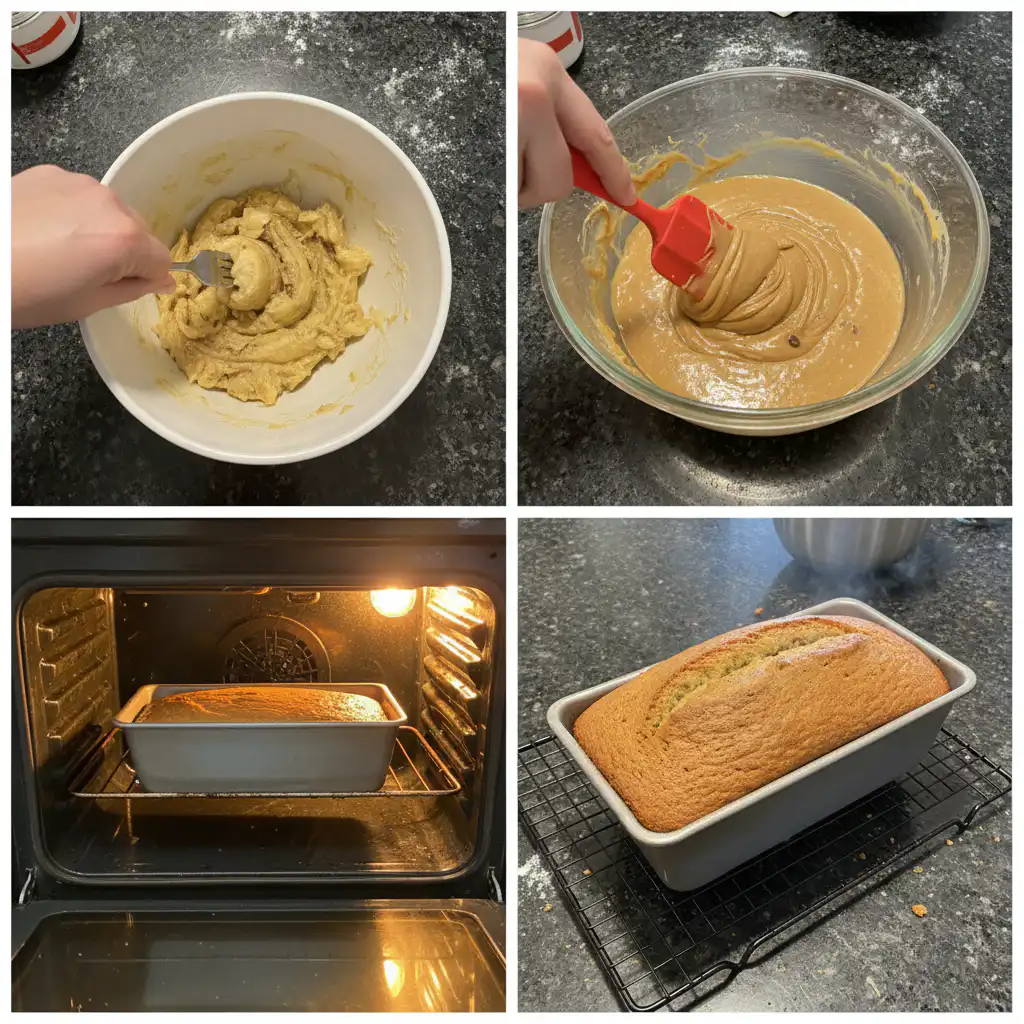 peanut-butter-banana-bread-prep-step Ripe bananas being mashed in a white bowl with a fork, a crucial preparation step for making homemade peanut butter banana bread.