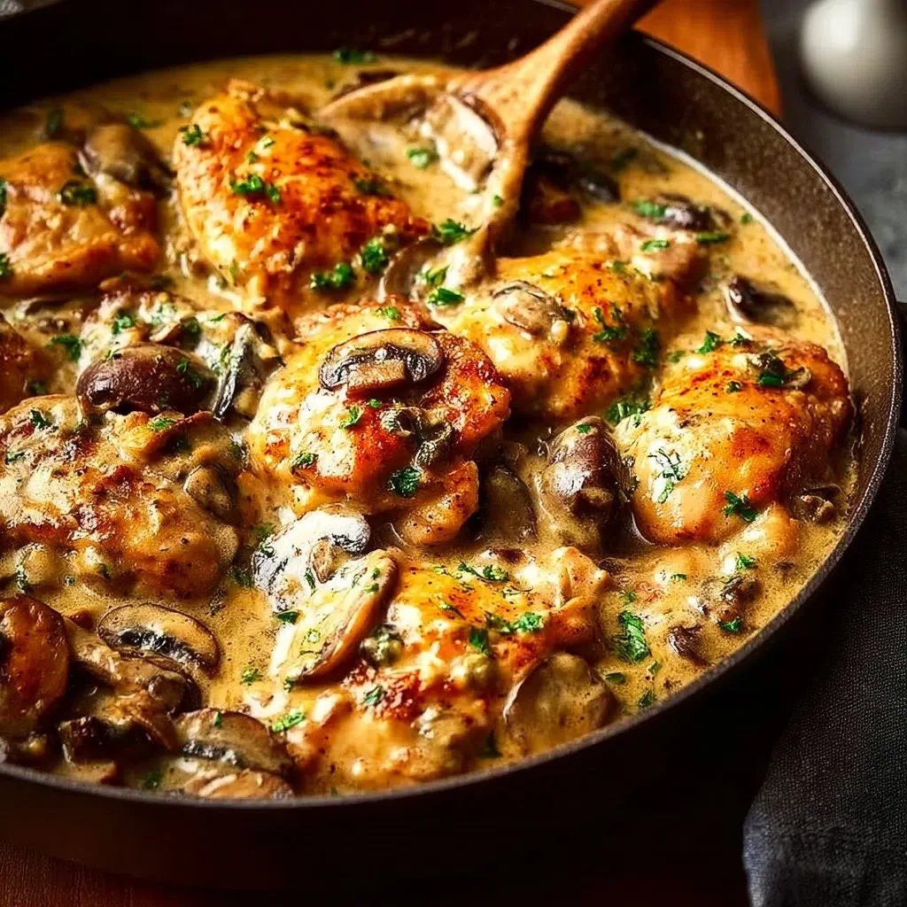 Bowl of creamy Chicken Stroganoff served over egg noodles