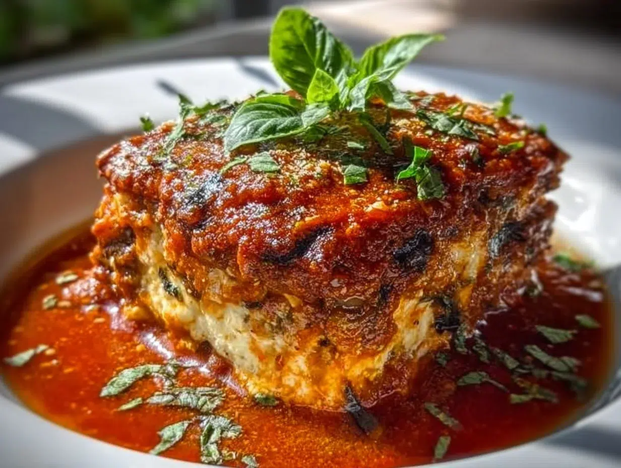 Delicious eggplant lasagna with ricotta cheese layered beautifully in a baking dish.