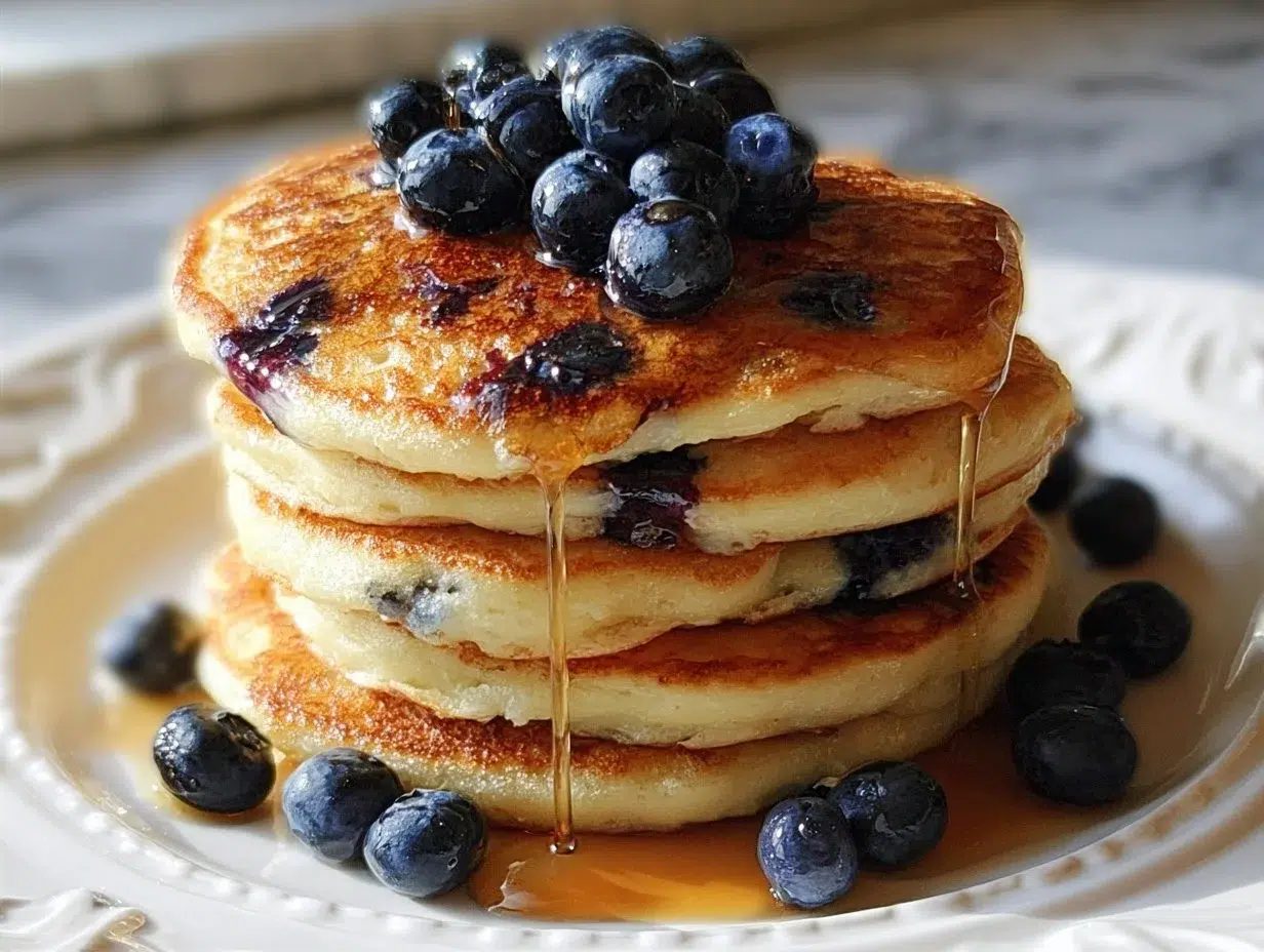 Stack of fluffy blueberry pancakes topped with fresh blueberries and syrup.