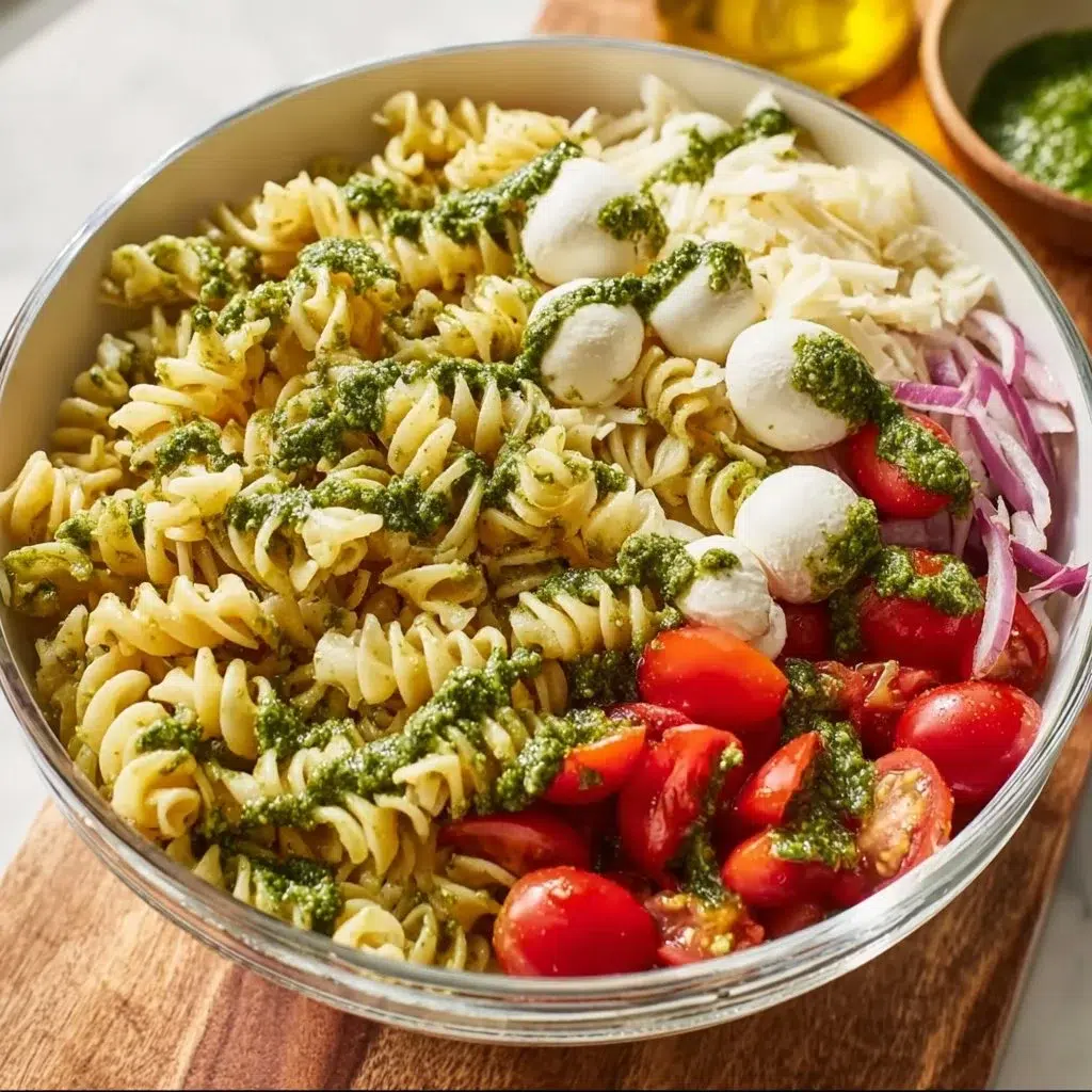 A vibrant bowl of pesto pasta salad with fresh vegetables and herbs