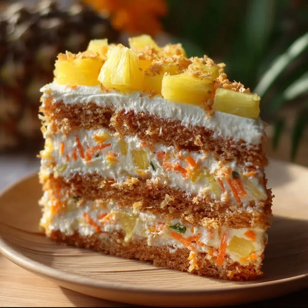 Pineapple Carrot Cream Cake topped with cream cheese frosting and garnished