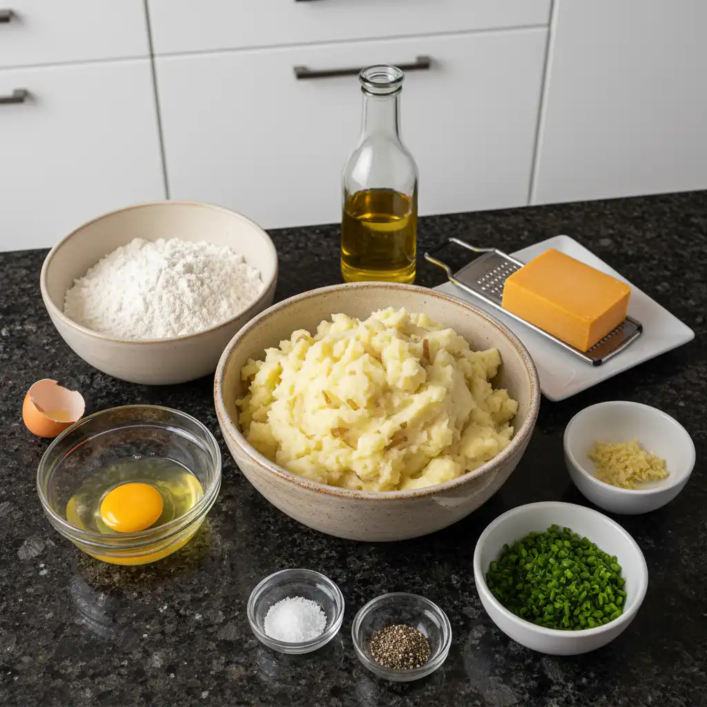 Fresh ingredients for potato pancakes from mashed potatoes including leftover mashed potatoes, eggs, flour, and chives on a wooden board.