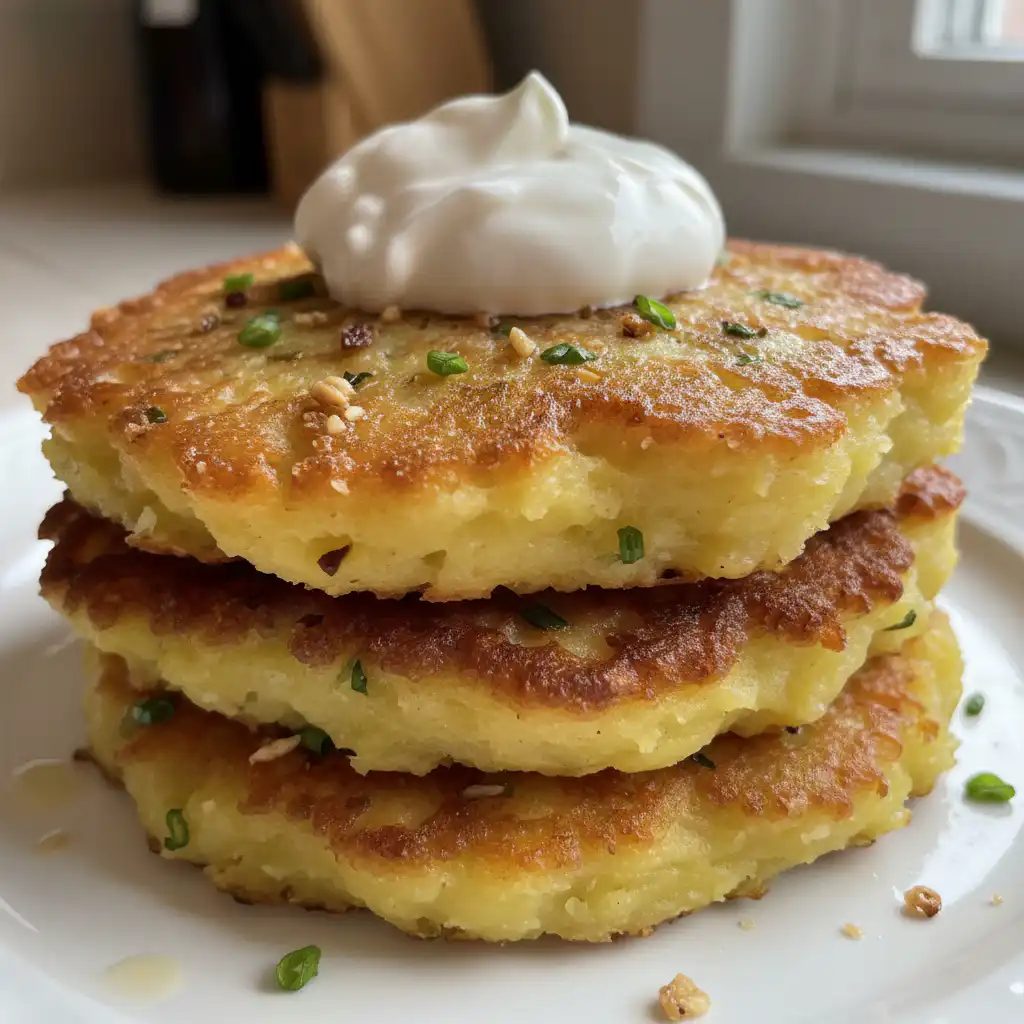 Golden brown potato pancakes from mashed potatoes, perfectly crisp, stacked on a white plate with sour cream and chives.