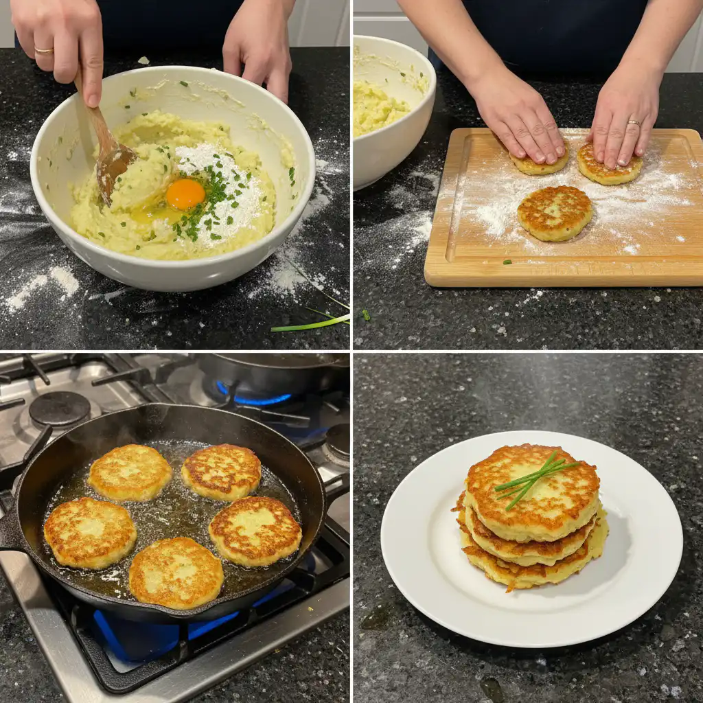 Hands forming small, round potato pancakes from mashed potatoes mixture on a cutting board, ready for frying.