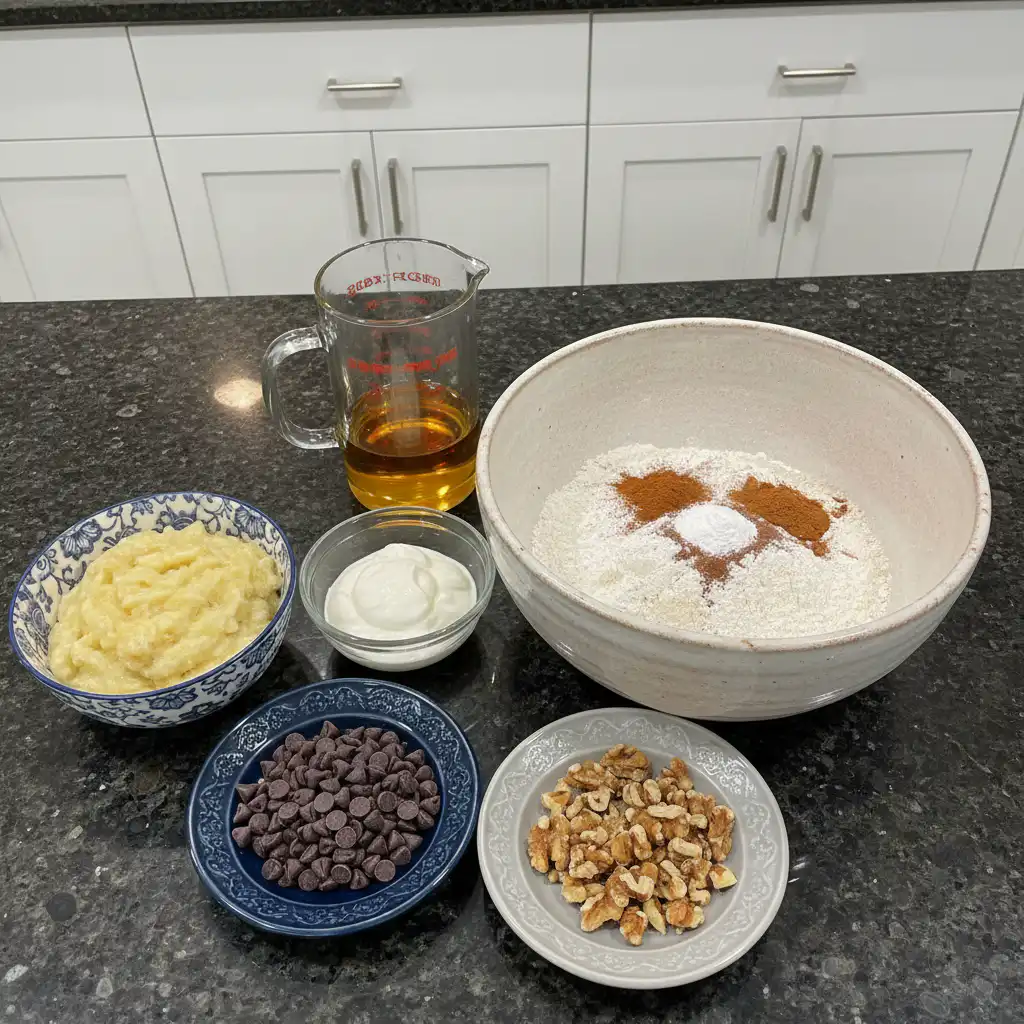 Fresh ripe bananas, protein powder, flour, eggs, and other dry ingredients for protein banana bread laid out on a wooden counter.