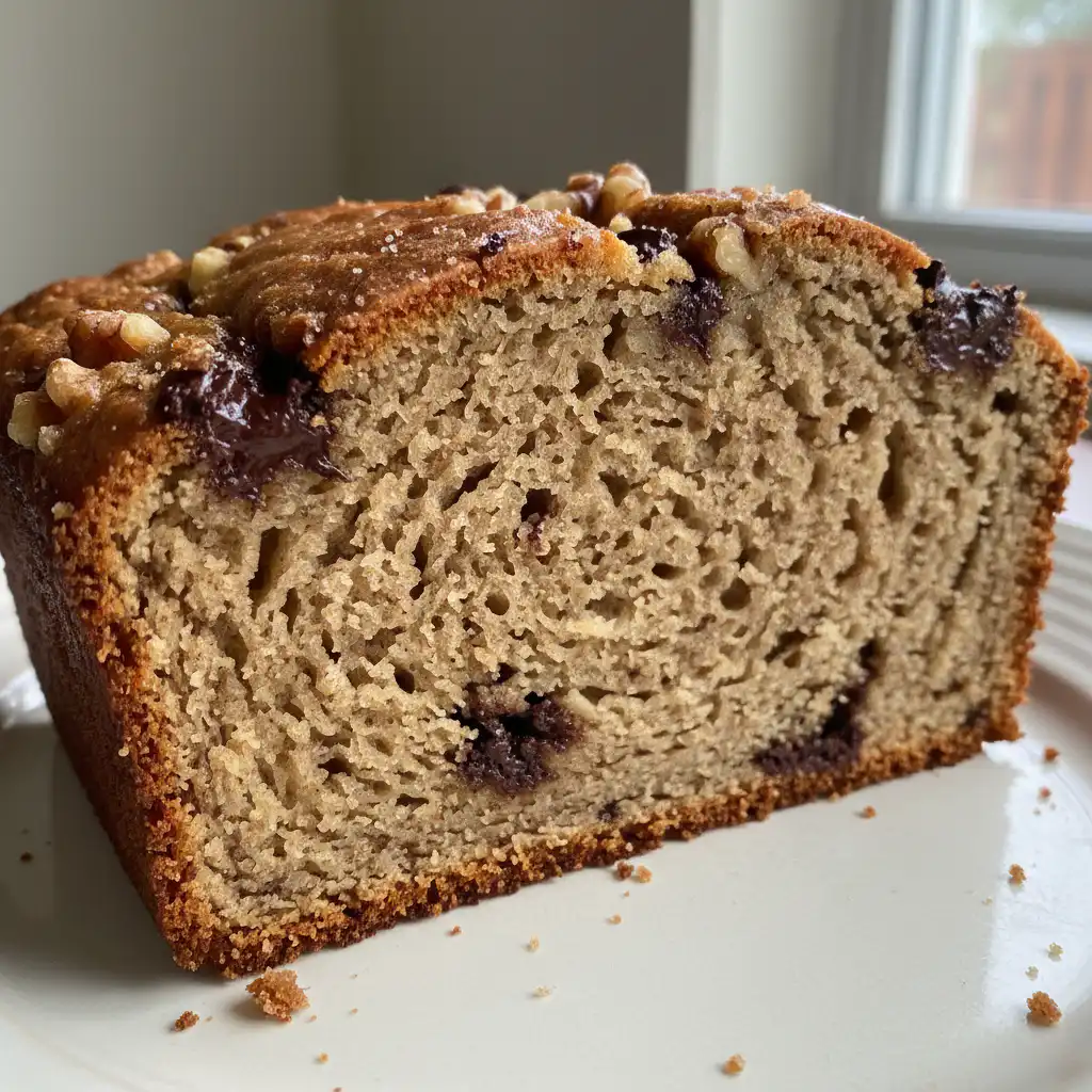 A slice of moist, golden-brown protein banana bread with chocolate chips and a drizzle of nut butter on a white plate.