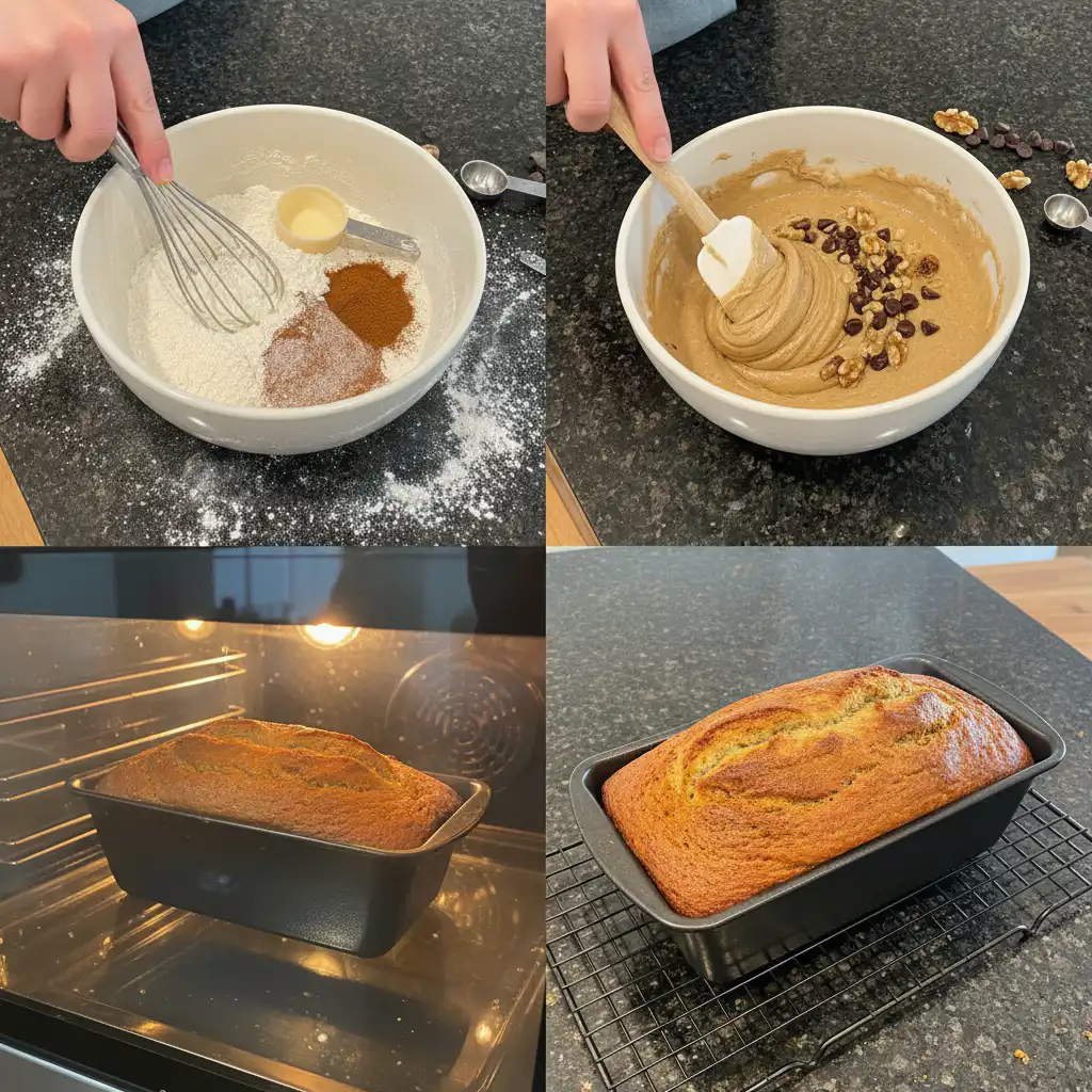 A hand mixing the thick, smooth batter for protein banana bread in a large glass bowl with a spatula.