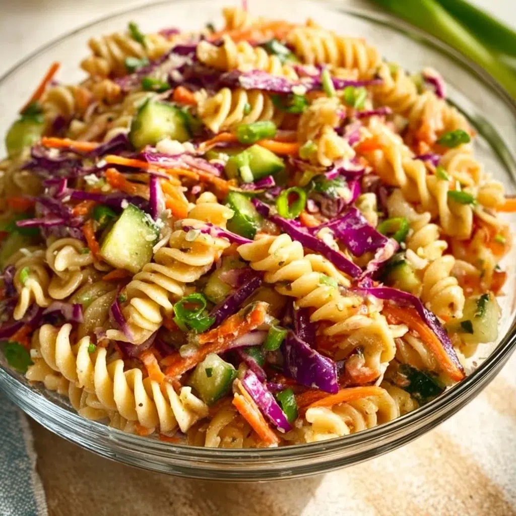 Protein packed Thai pasta salad with colorful veggies and flavorful dressing
