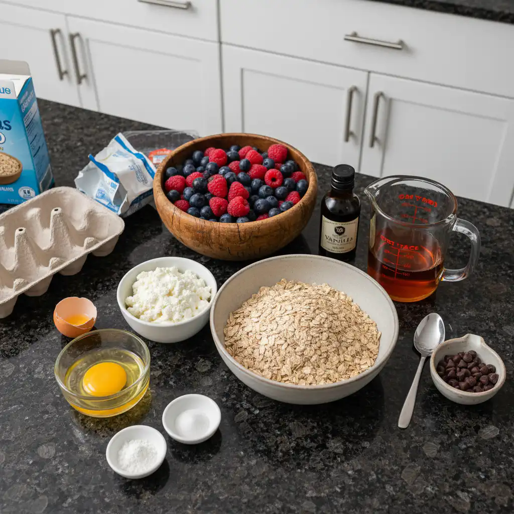 protein-pancake-bowl-ingredients Fresh ingredients laid out for a protein pancake bowl, including protein powder, flour, eggs, milk, and various toppings.
