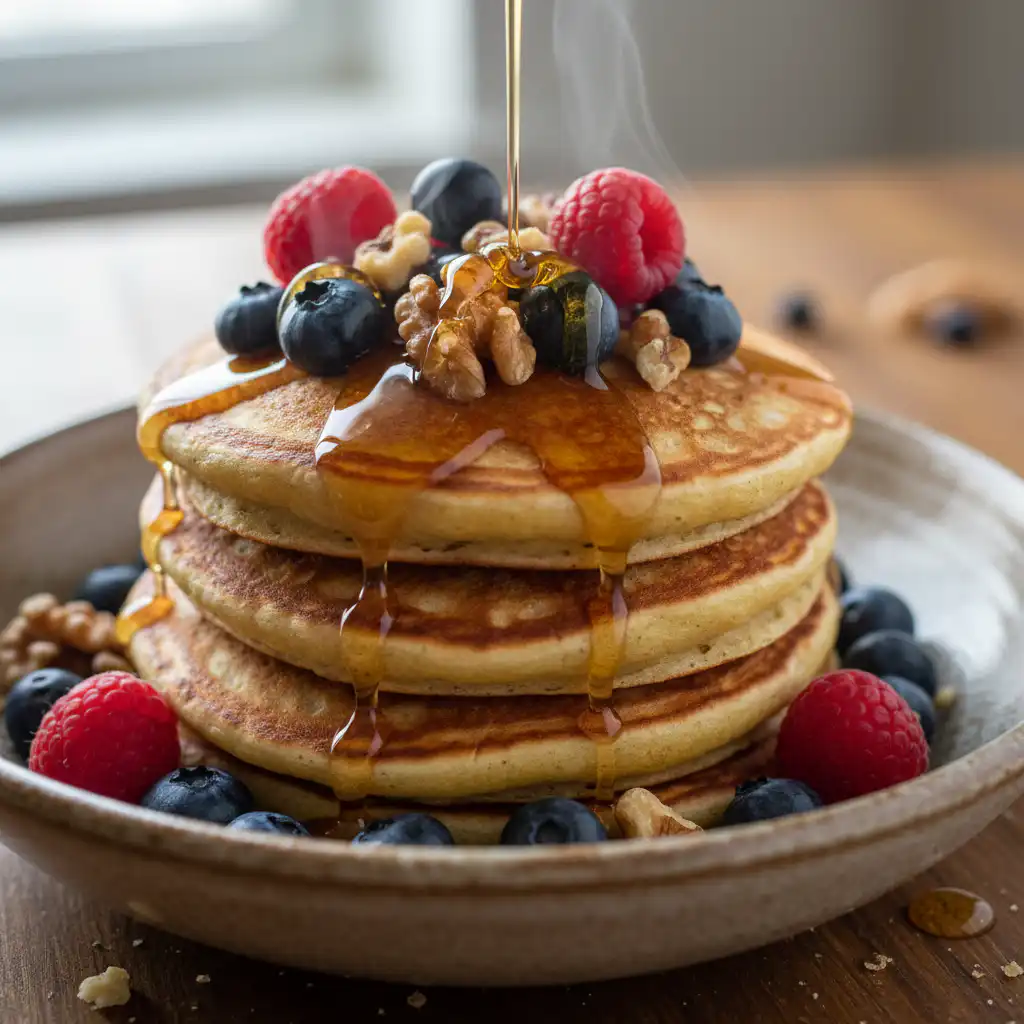 A delicious and satisfying protein pancake bowl topped with fresh berries, nuts, and a drizzle of syrup.