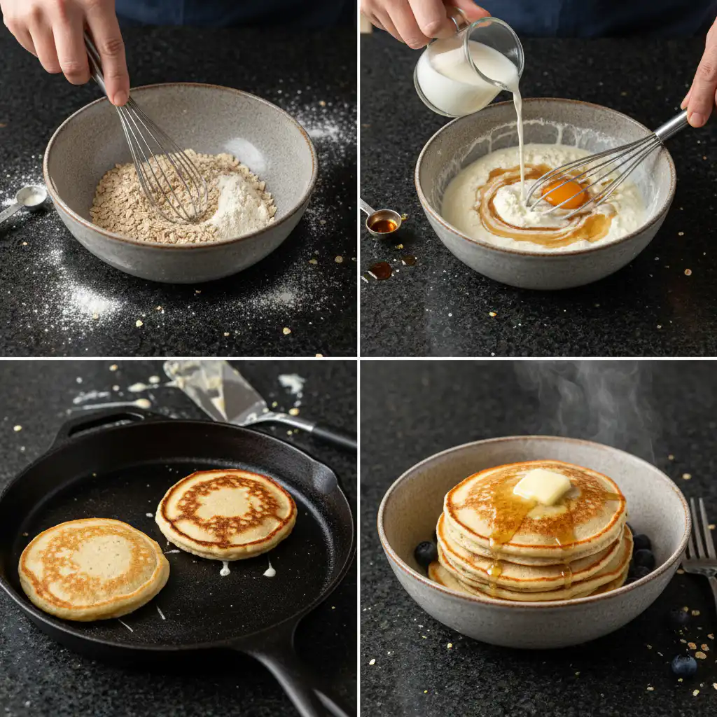 protein-pancake-bowl-prep-mixing-batter Mixing batter in a bowl for the protein pancake bowl, showing a whisk and smooth, creamy consistency.