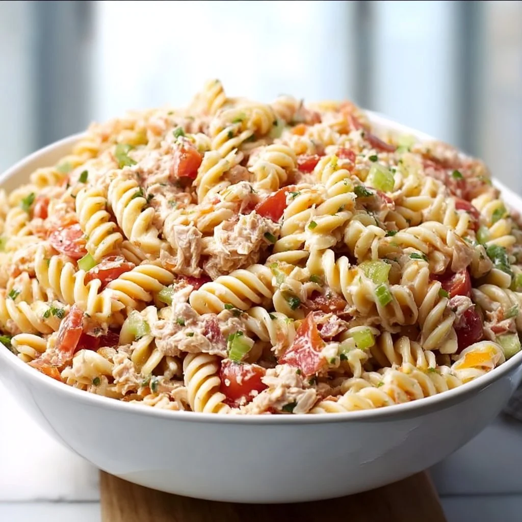 Bowl of quick spicy tuna pasta salad garnished with herbs