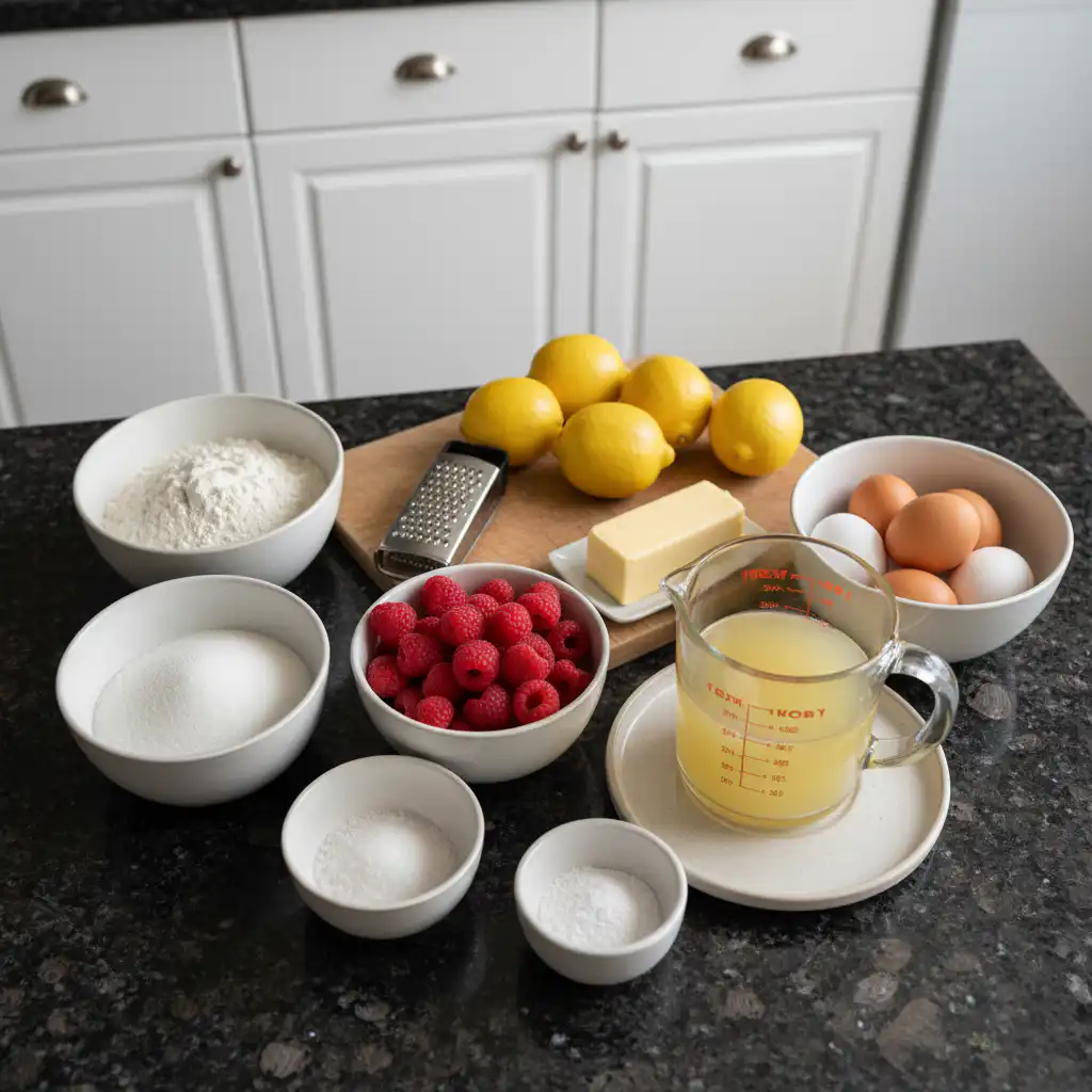raspberry-lemon-bars-ingredients Arrangement of fresh ingredients for raspberry lemon bars, including ripe raspberries, bright lemons, flour, sugar, and butter.