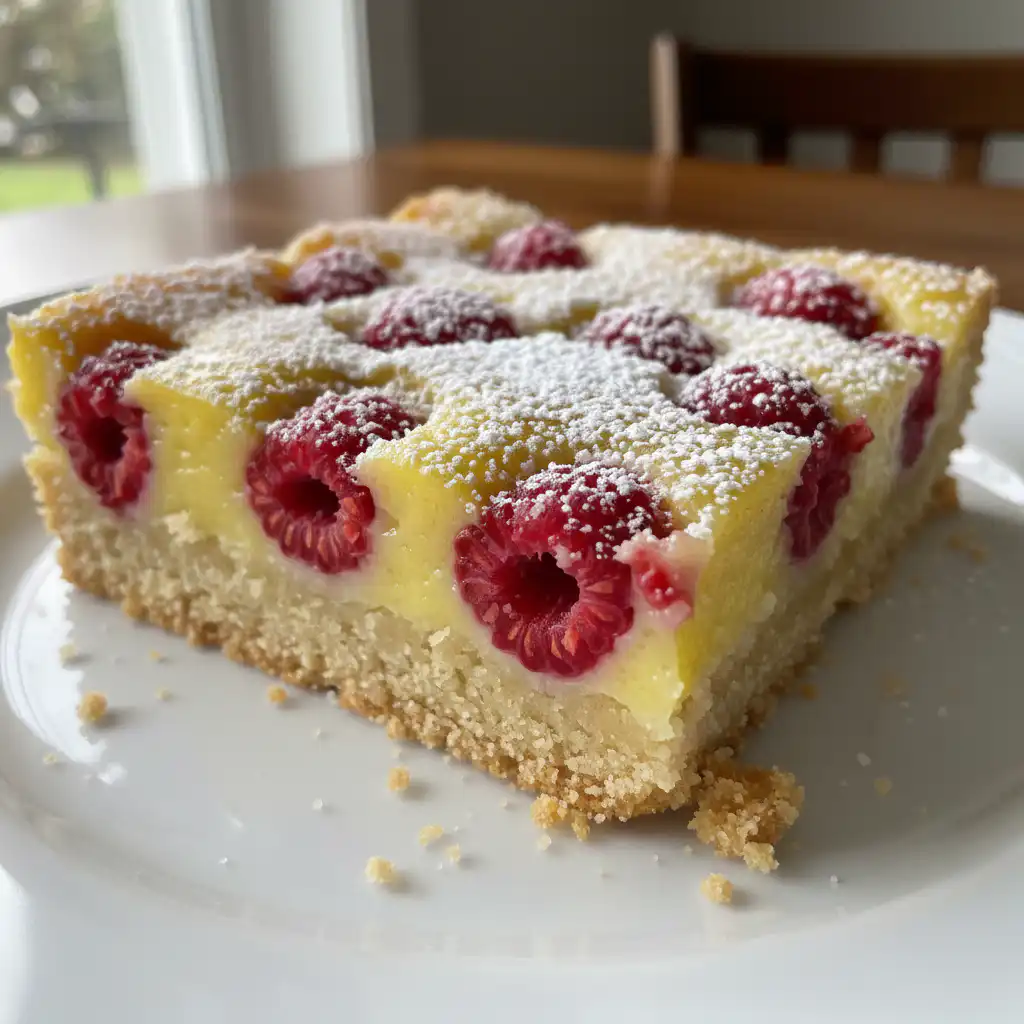 Every Meal, Made Irresistible 5 Close-up of golden-baked raspberry lemon bars, dusted with powdered sugar and garnished with fresh raspberries and lemon zest.
