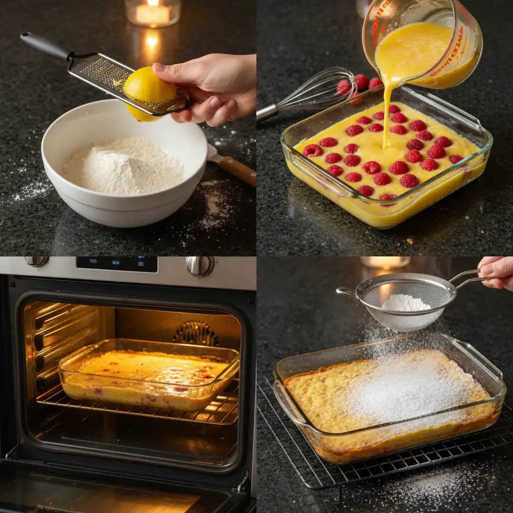 raspberry-lemon-bars-prep Pouring the vibrant lemon-raspberry filling over a golden shortbread crust in a baking dish for delicious raspberry lemon bars.