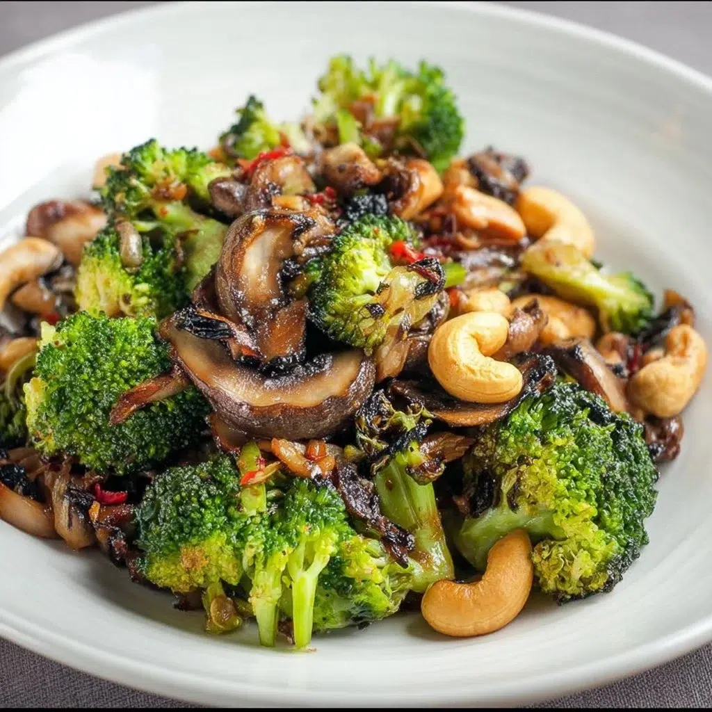 Healthy roasted broccoli and mushrooms with cashews on a plate