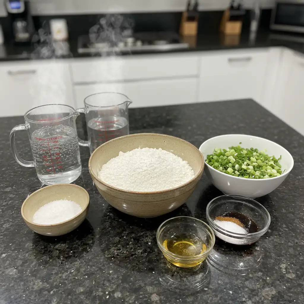 scallion-pancakes-ingredients A flat lay of fresh green onions, all-purpose flour, water, and sesame oil, essential ingredients for making delicious scallion pancakes.