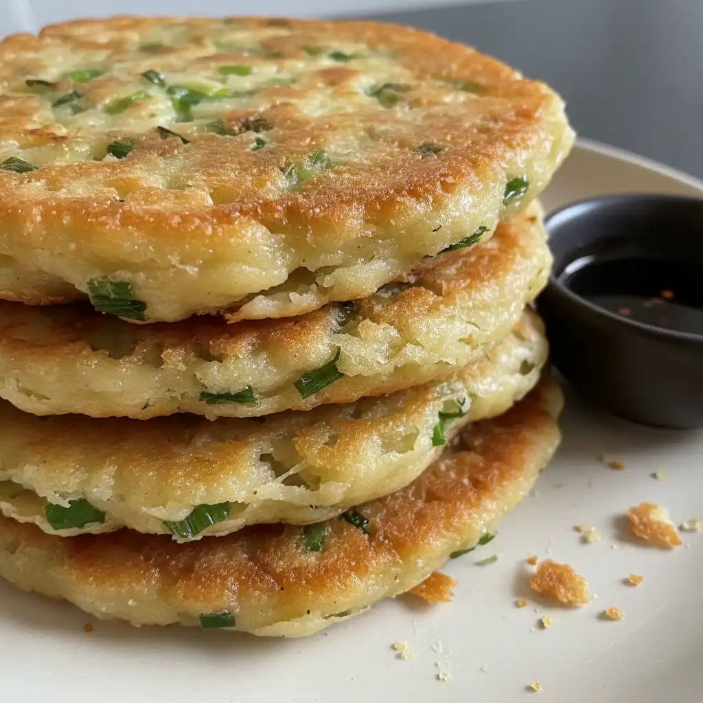 Easy Scallion Pancakes: Crispy Chinese Flatbread 2 A stack of golden-brown scallion pancakes with a crispy exterior, served on a rustic wooden board alongside a small bowl of dipping sauce.
