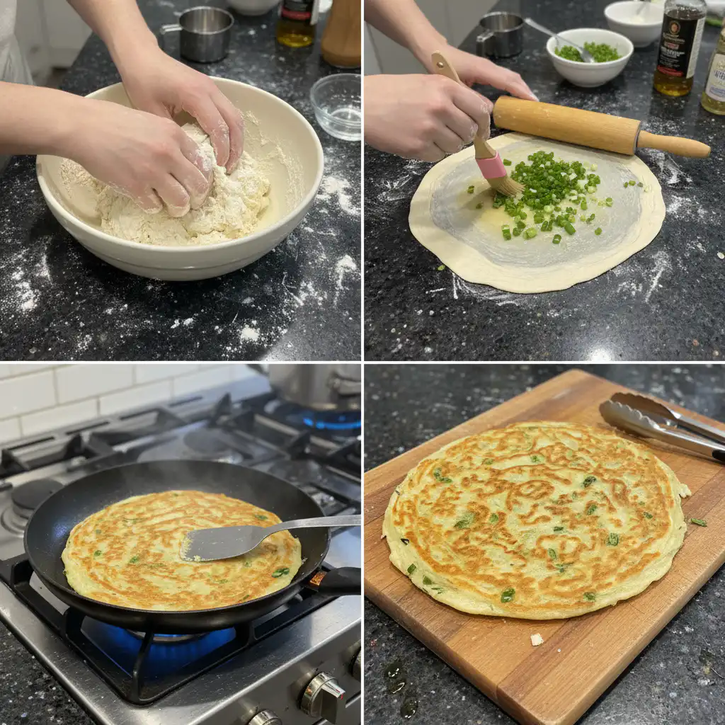 scallion-pancakes-prep-step Hands rolling a long strip of dough filled with chopped scallions into a tight spiral, a key step for creating flaky scallion pancakes.