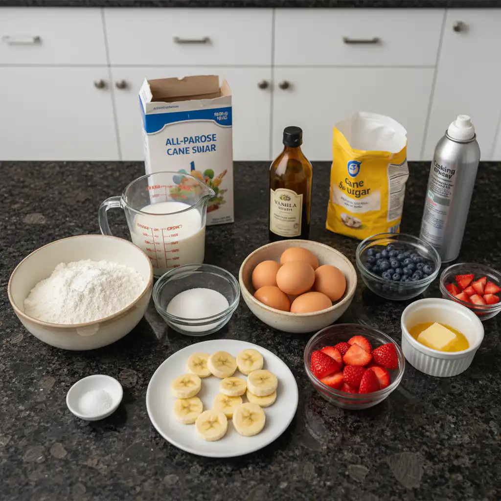 Fresh ingredients for fluffy sheet pan pancakes, including flour, eggs, milk, and ripe berries on a kitchen counter.