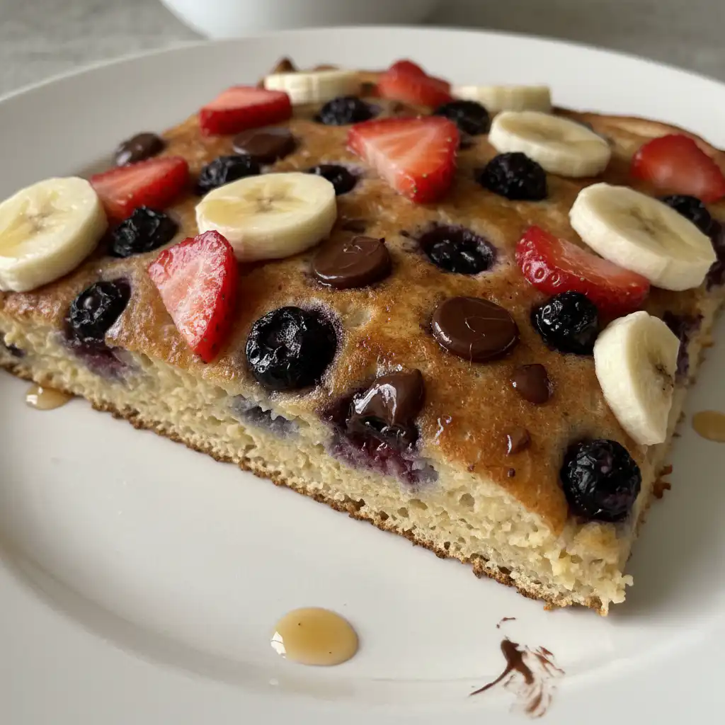 Golden brown sheet pan pancakes, topped with fresh berries and maple syrup, ready for a delicious breakfast.