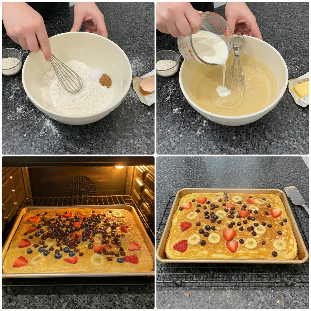 Smooth pancake batter being poured and spread onto a parchment-lined baking sheet for sheet pan pancakes.