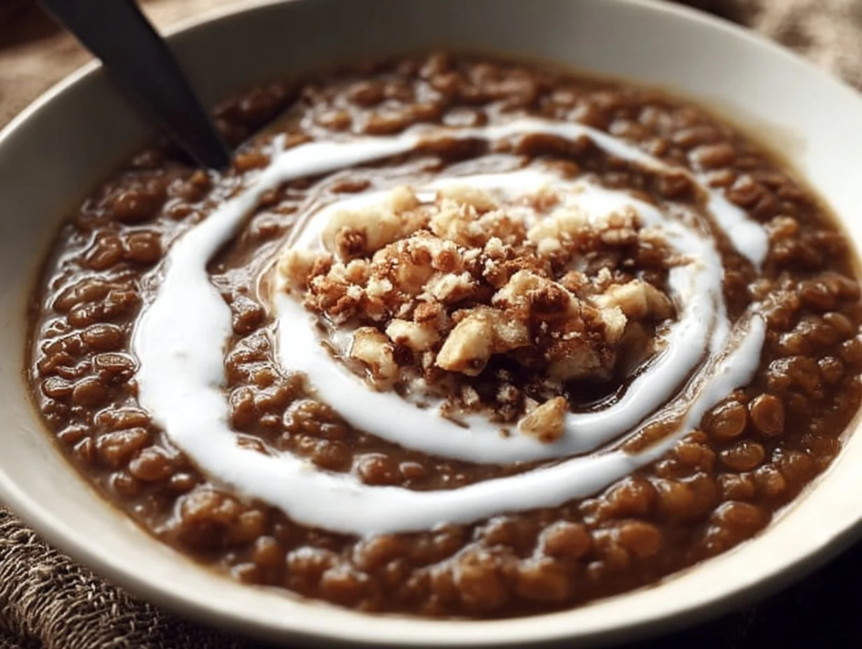 Bowl of simple breakfast red split lentils topped with herbs and spices.