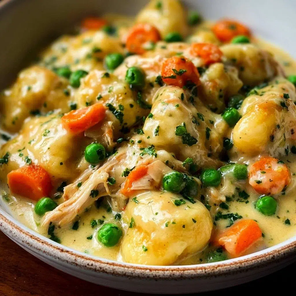Delicious bowl of chicken and dumplings with gnocchi for dinner