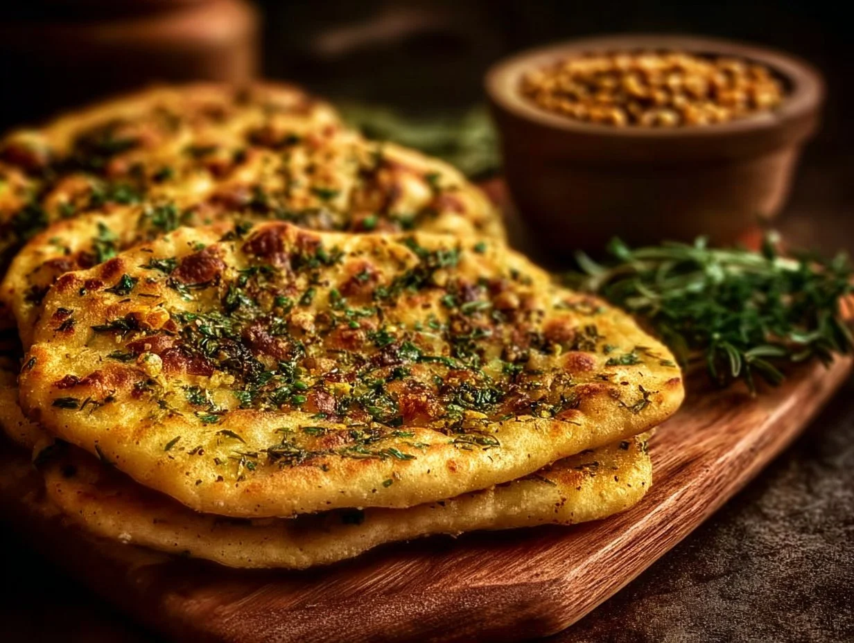Homemade lentil and herb flatbreads served on a wooden table