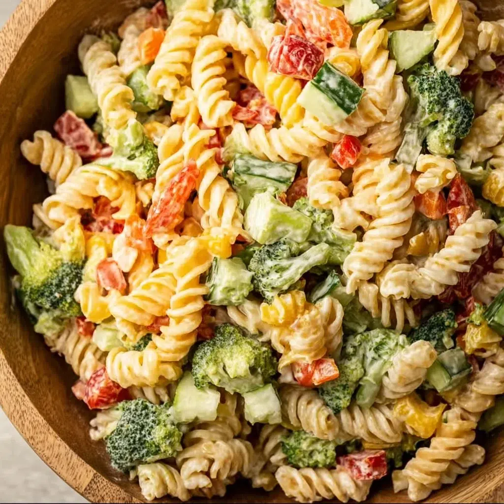 Delicious simple ranch pasta salad served in a bowl with fresh vegetables