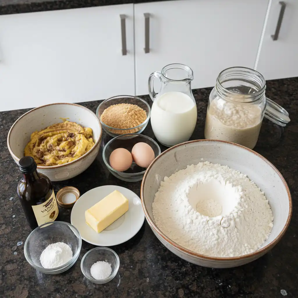 sourdough-banana-bread-ingredients-mise-en-place Ingredients for sourdough banana bread including ripe bananas, flour, eggs, and an active sourdough starter arranged on a wooden table.