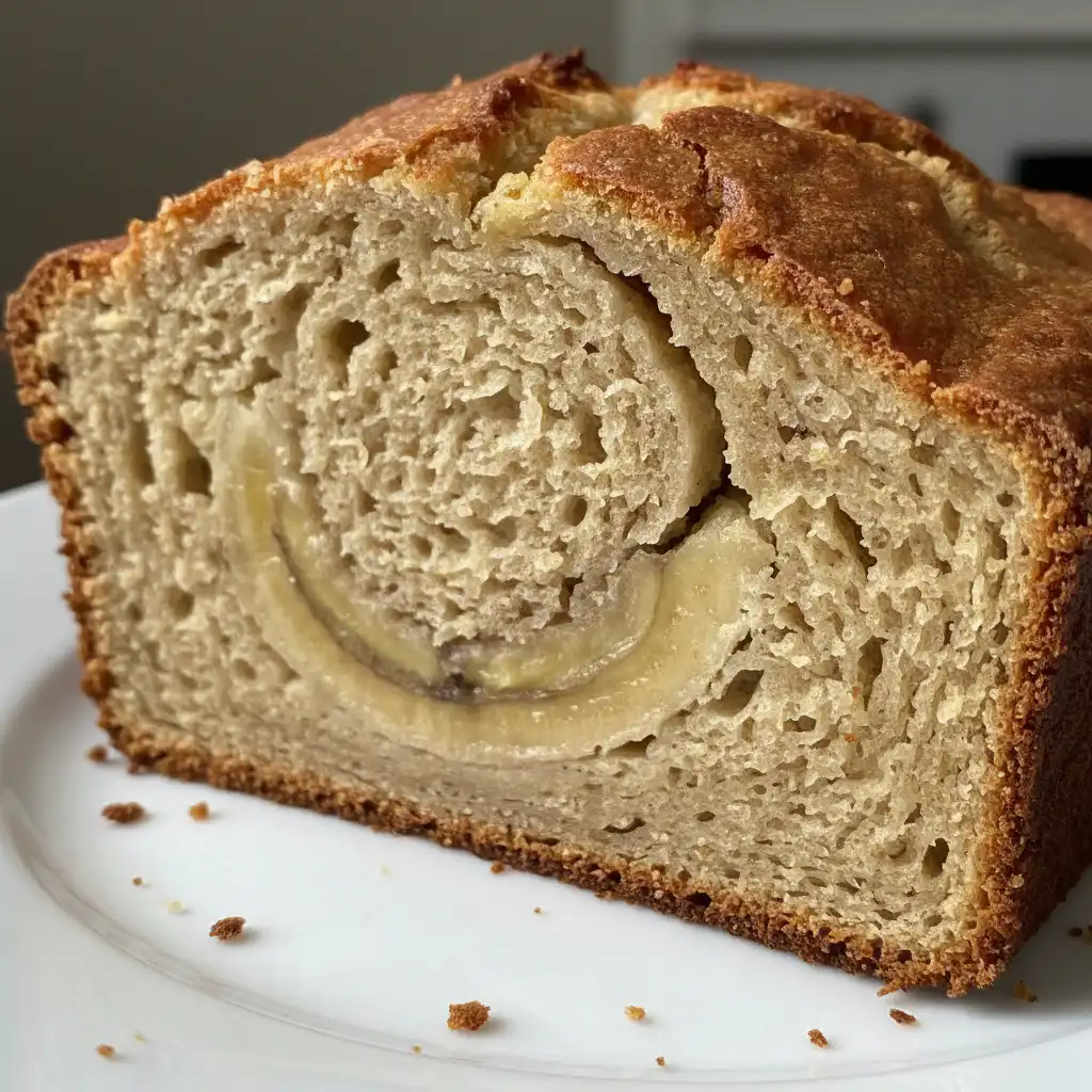 A golden-brown loaf of sourdough banana bread, perfectly baked with a cracked top, cooling on a wire rack.