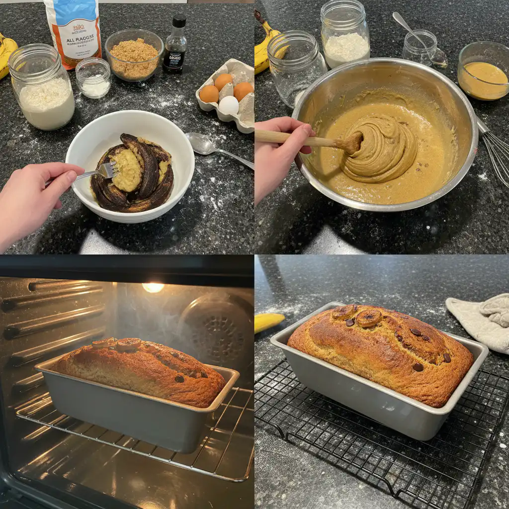 sourdough-banana-bread-mixing-prep Hands mixing ripe mashed bananas, sourdough starter, and dry ingredients in a large bowl for sourdough banana bread.
