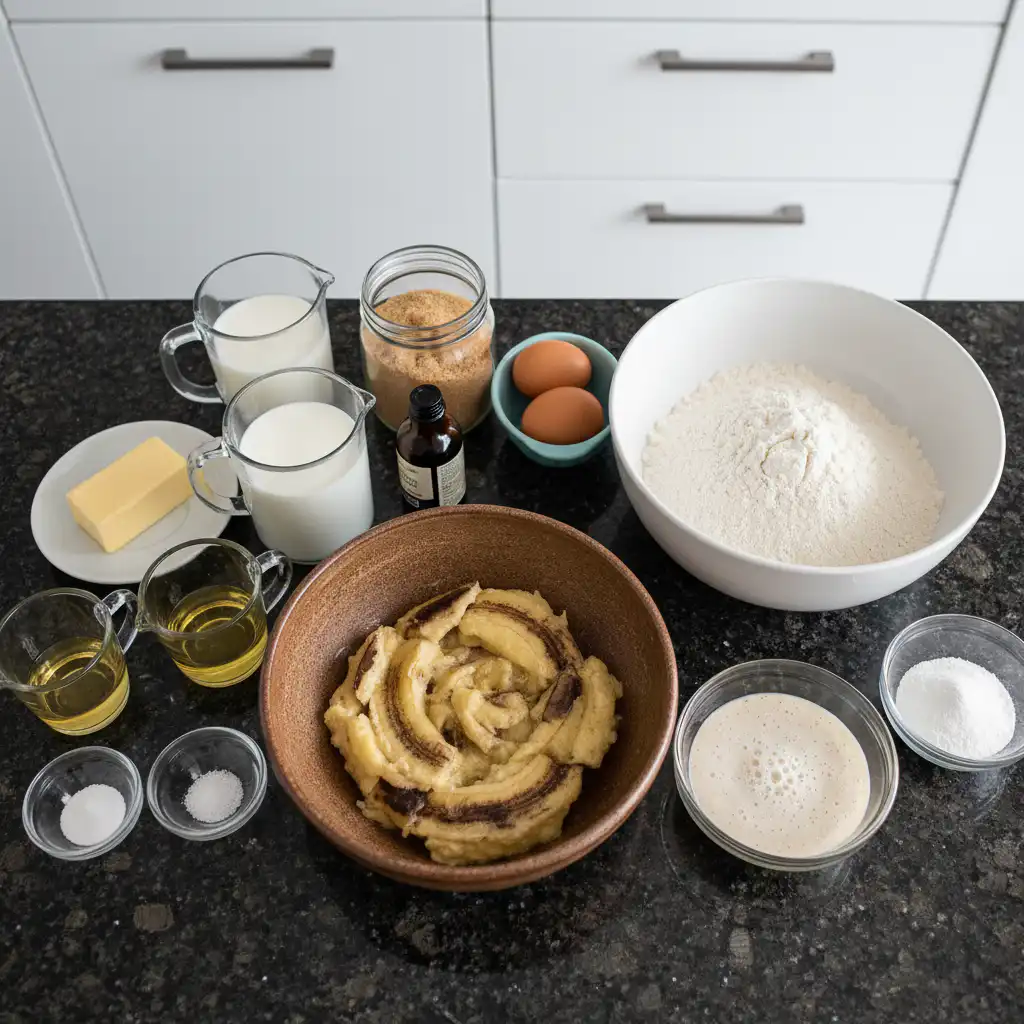 sourdough-discard-banana-bread-ingredients Fresh ripe bananas, flour, cinnamon, and a jar of sourdough discard arranged neatly for banana bread ingredients.