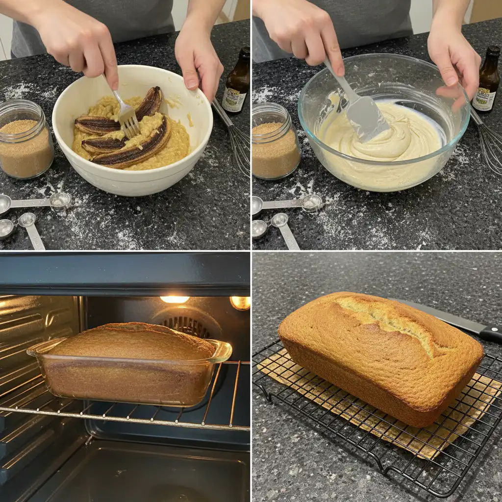 sourdough-discard-banana-bread-prep Hands gently folding ripe mashed bananas and sourdough discard into a wet batter in a large mixing bowl.