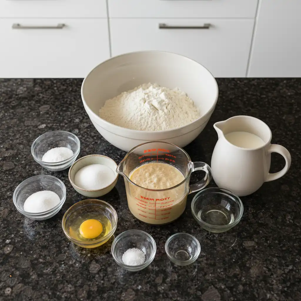 A rustic spread of fresh ingredients for sourdough pancakes, including flour, eggs, milk, sugar, and active sourdough starter.