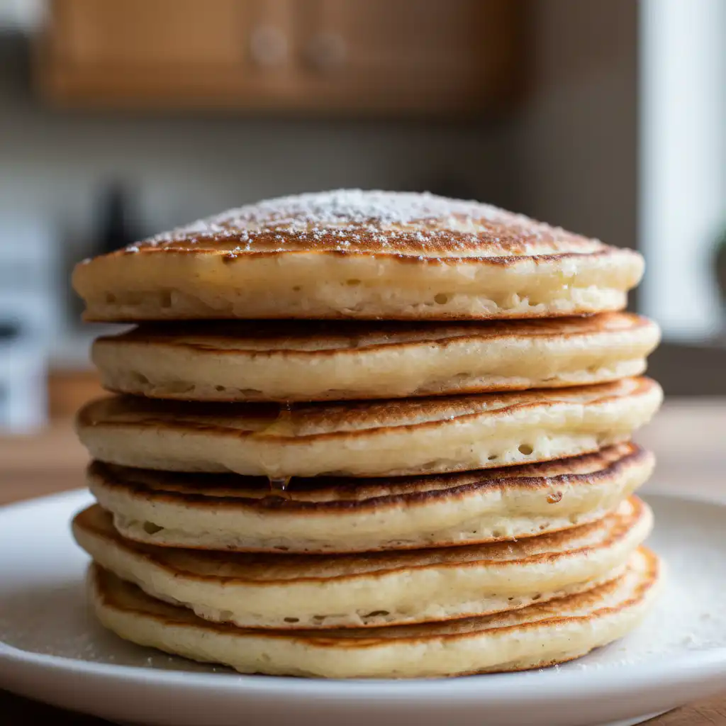 Fluffy golden sourdough pancakes stacked high with fresh berries and maple syrup, ready to be enjoyed for breakfast.