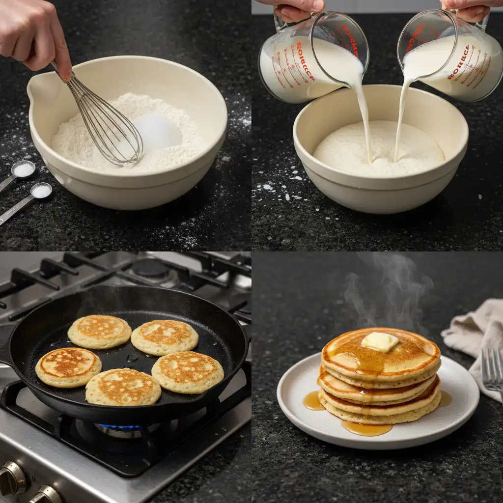 Hands gently whisking the bubbly sourdough pancake batter in a large mixing bowl, showing the light, airy consistency.