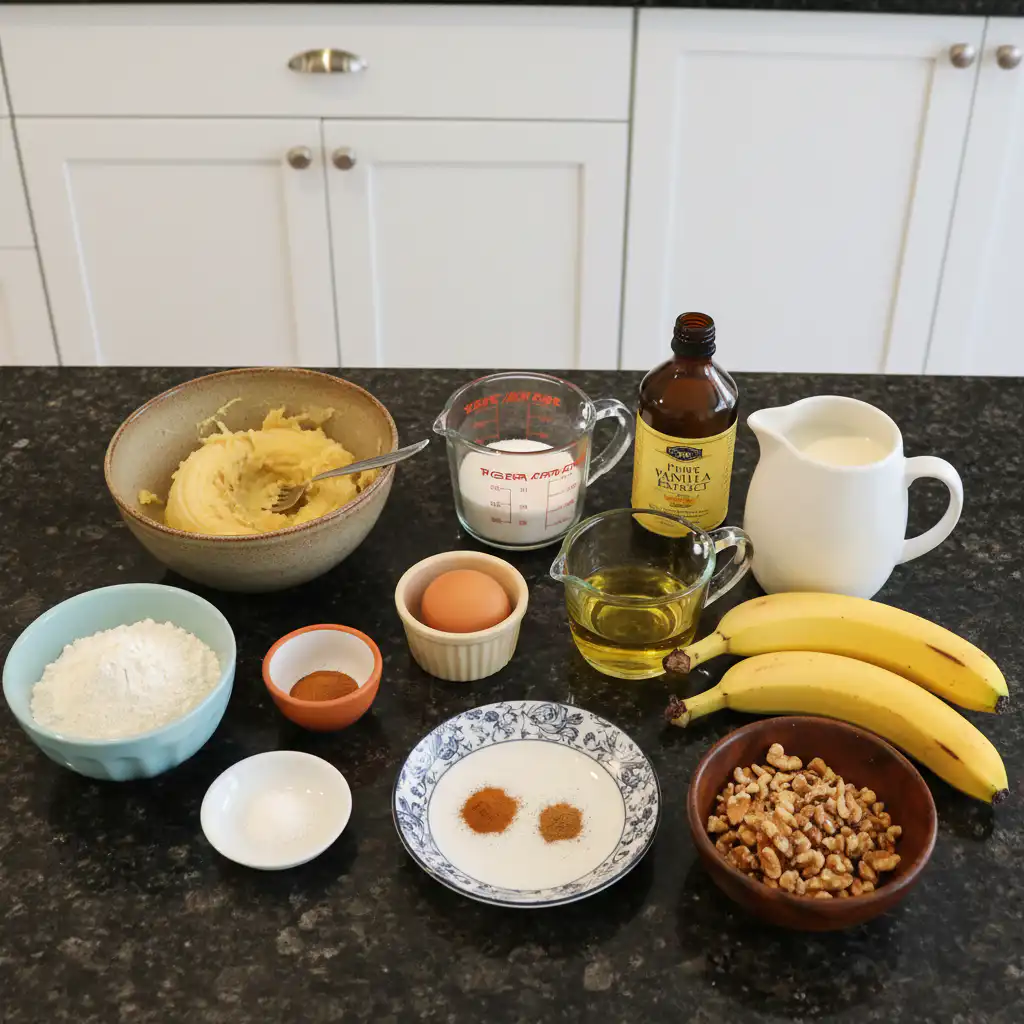 Fresh ingredients laid out to make Starbucks banana bread, including ripe bananas, flour, and sugar.