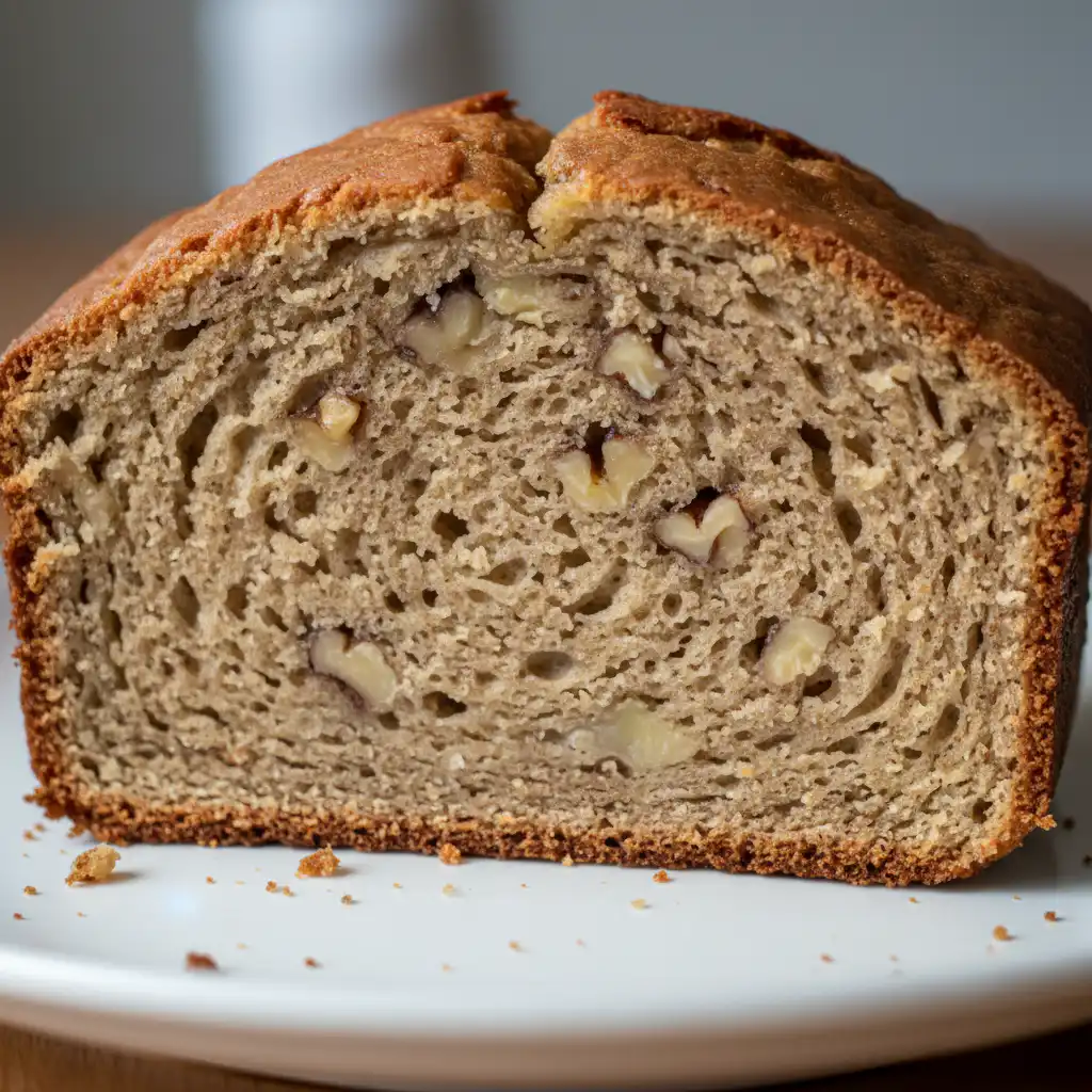 A golden brown slice of Starbucks banana bread, perfectly moist with visible banana pieces.