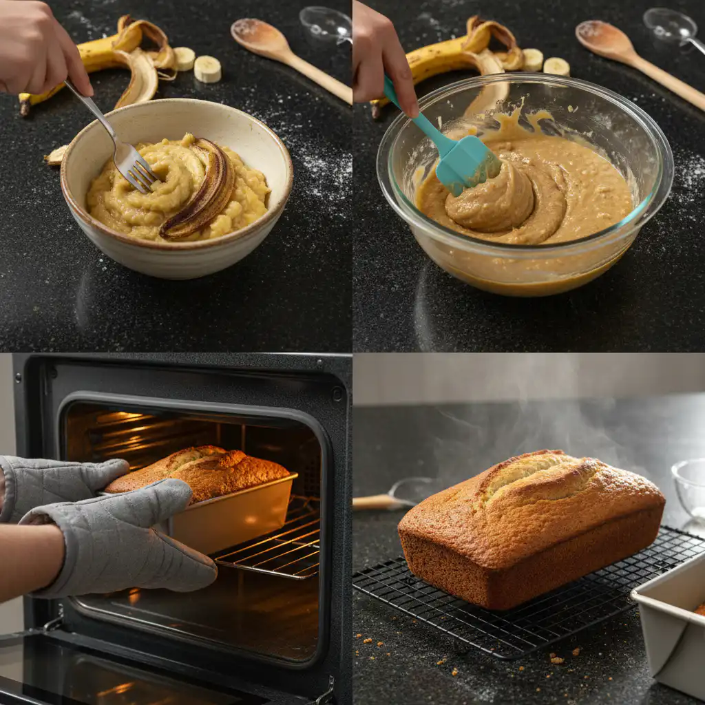 Hands mixing the luscious batter for Starbucks banana bread in a large glass bowl.