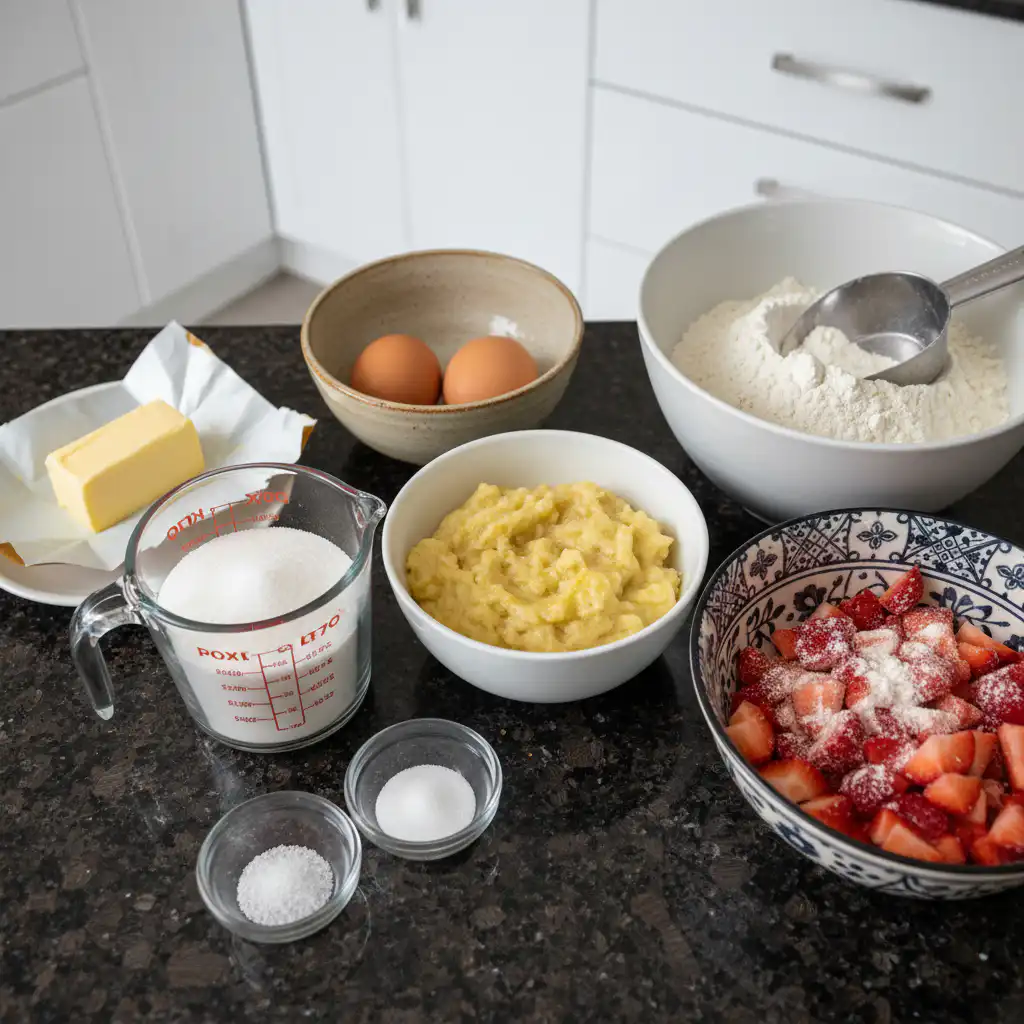 Fresh strawberries, ripe bananas, flour, and other essential ingredients for strawberry banana bread laid out.