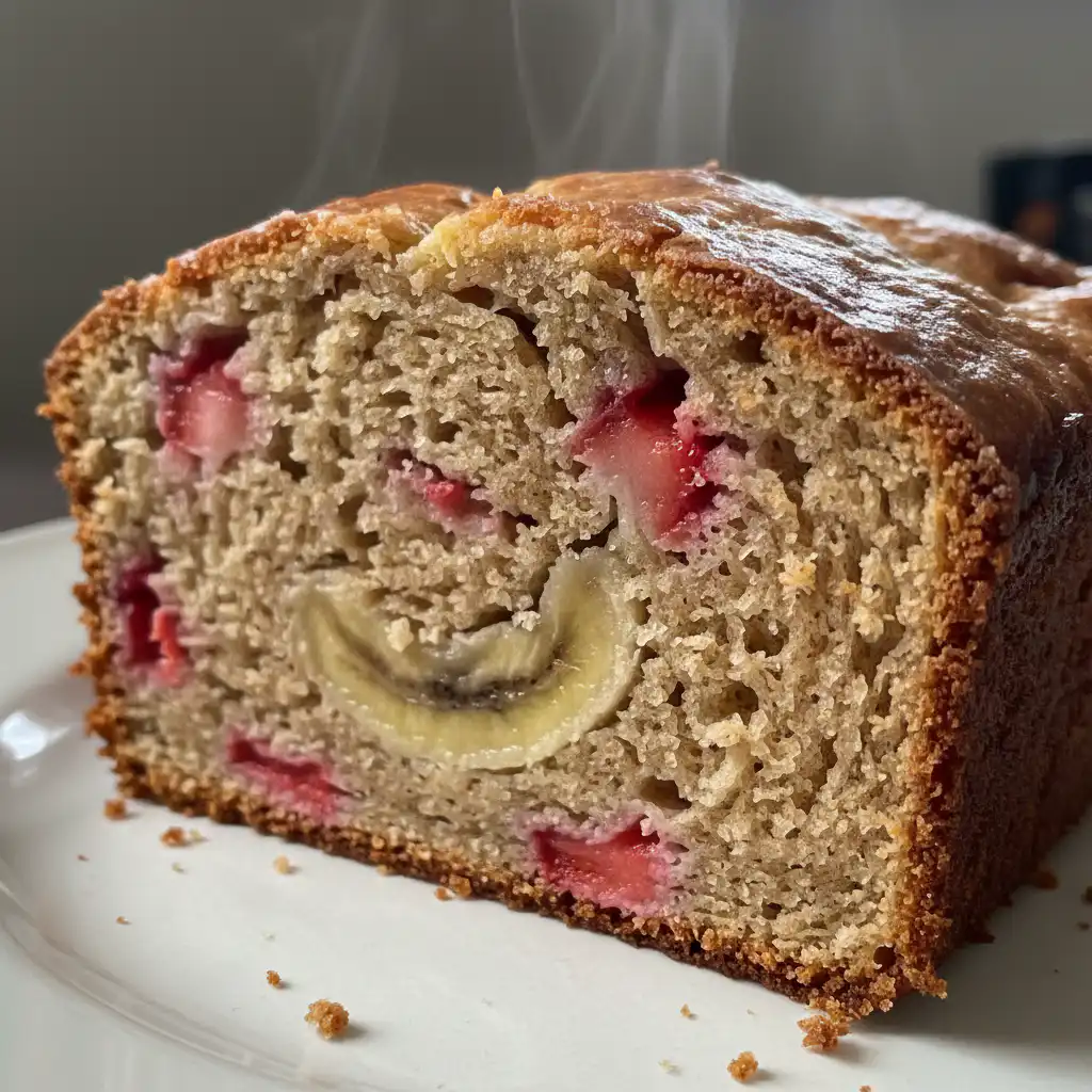 A moist, golden-brown loaf of strawberry banana bread, sliced to show fruit, rests on a wooden cutting board.