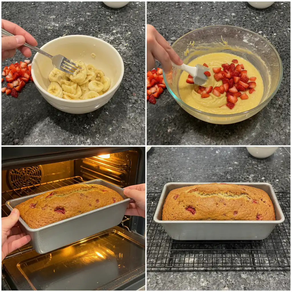 Hands gently folding sliced strawberries into a rich, creamy banana bread batter in a large mixing bowl.