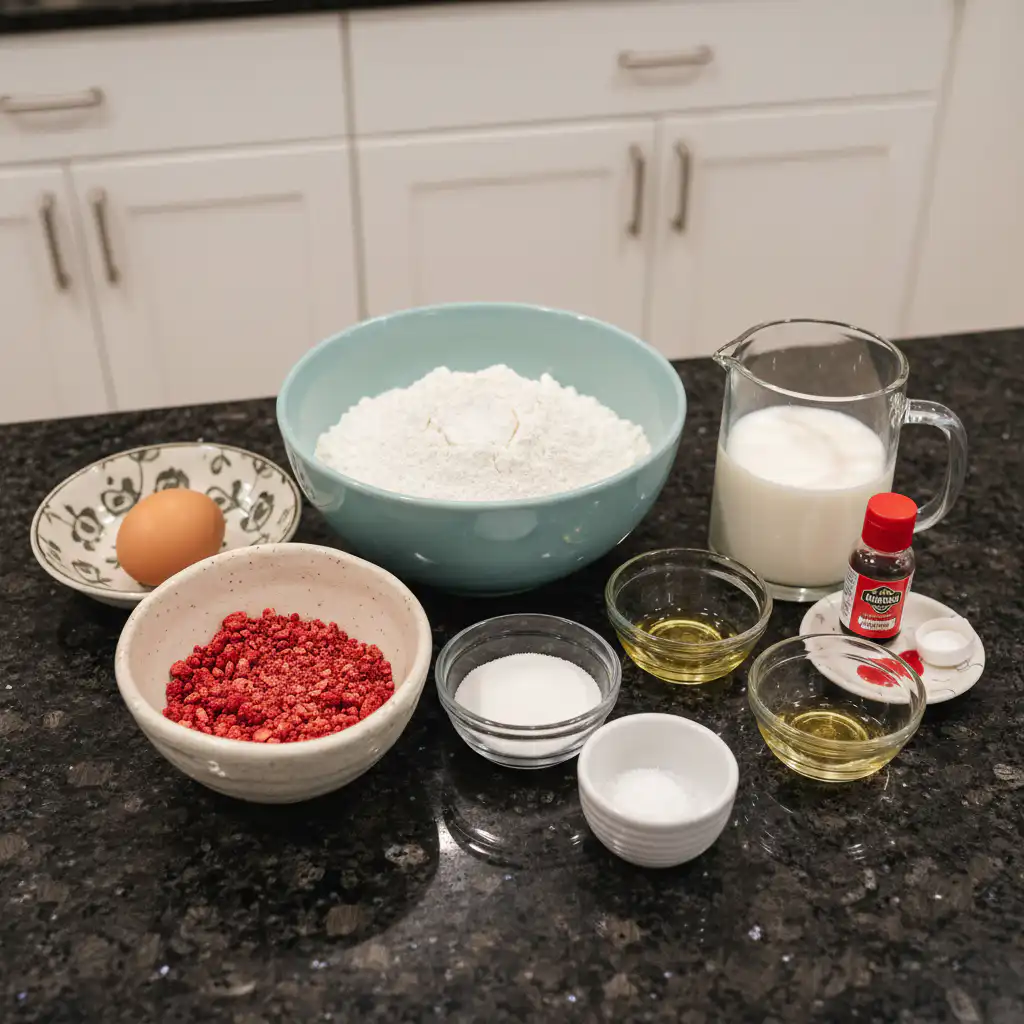 Fresh strawberries, flour, eggs, milk, and other ingredients laid out for making strawberry pancakes.