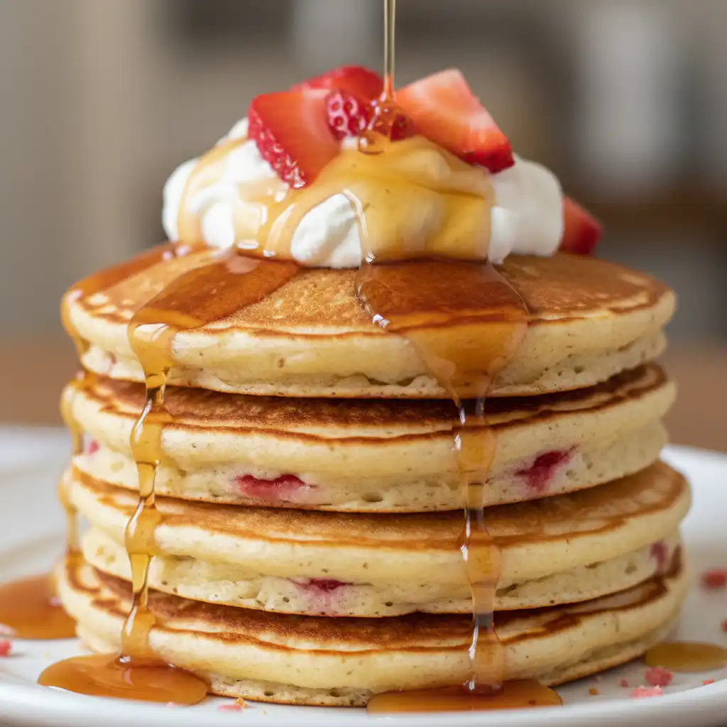 A stack of fluffy strawberry pancakes drizzled with syrup and fresh berries on top, ready to be enjoyed.